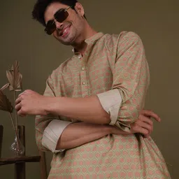 SHIWAM ETHNIX woven design Mandarin Collar Extended Sleeves Kaftan Cotton Kurta image 5