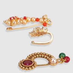 JEWELS GEHNA Set Of 3 Vilandi Gold-Plated & White CZ-Studded & Beaded Nosepins image 2