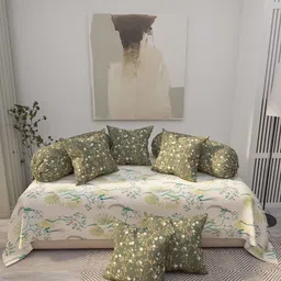 EverHOME White Green 8 Pieces Printed Cotton Diwan Set-image-62