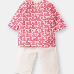 THE BABY LABEL Kids Pink Monkeys Gone Banana Hand-Block Pure Cotton Kurta Pajama Set-picture-33