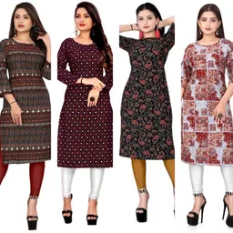 Pack of 4 Women Printed, Geometric Print Viscose Rayon Straight Kurta-image-4