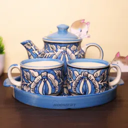 hoomert Pack of 1 Ceramic Handcrafted Tea Set with Tray – 1 Kettle, 2 Cups, and Tray-picture-26