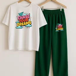 my swag Women Top & Pyjama Set Green, White Printed image 4