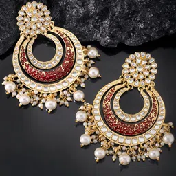 Peora Gold-Plated & Maroon Handcrafted Kundan Studded Meenakari Chandbalis image 2