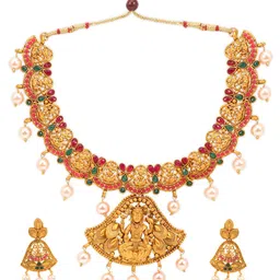 Yellow Chimes Gold-Plated Red & Green Stone-Studded Beaded Temple Handcrafted Jewellery Set image 4