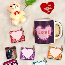 Indigifts 9 Pcs Purple Valentine Coffee Mug and Photo Clips Rose Greeting Card and Teddy-image-37