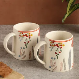 MIAH Decor White & Red 2 Pieces Floral Printed Ceramic Matte Mugs-300ml Each-image-78