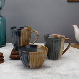 MIAH Decor Set Of 3 Brown & Black Handcrafted Textured Ceramic Glossy Mugs and Bowl-image-9
