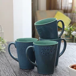 MIAH Decor Teal Handcrafted Printed Ceramic Glossy Set of 4 Cups-image-27