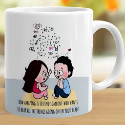 Khakee White & Blue Printed Ceramic Glossy Mug 325 ml image 3