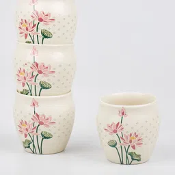 Home Centre Corsica Kamal White & Pink 4 Pieces Floral Stoneware Kulladhs 180ml Each image 2