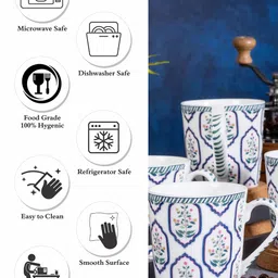 GOODHOMES White & Blue Set of 4 Printed Bone China Glossy Mugs 320 ml Each image 3