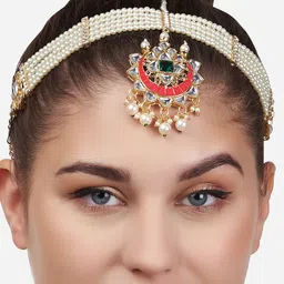 Zaveri Pearls Pink Meenakari Crescent Bridal Kundan Multistrand Pearls MathaPatti-picture-31