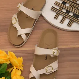 BRISKERS Women Off White One Toe Flats with Buckles image 1