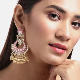 Jewels Galaxy Pink Gold-Plated Stone Studded & Beaded Enamelled Chandbalis image 3