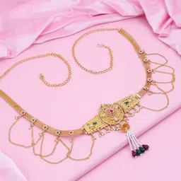 Sukkhi Gold-Plated White & Green Stone-Studded Beaded Kamarbandh-picture-39