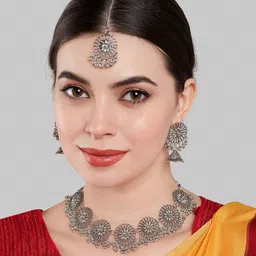 GRLIE Beaded Oxidised Floral Necklace & Earrings With Maang Tika image 1