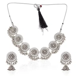 GRLIE Beaded Oxidised Floral Necklace & Earrings With Maang Tika image 3