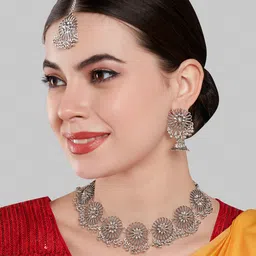 GRLIE Beaded Oxidised Floral Necklace & Earrings With Maang Tika image 4