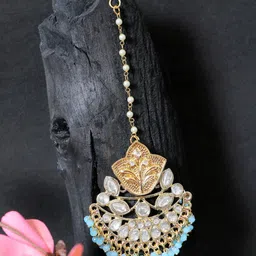 Crunchy Fashion Gold-Plated & Blue Kundan-Studded & Pearls Beaded Maangtika image 1