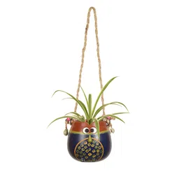 AAKRITI ART CREATIONS Blue & Brown Printed Clay Earthen Planter Pot With Jute Hanger image 3