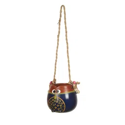 AAKRITI ART CREATIONS Blue & Brown Printed Clay Earthen Planter Pot With Jute Hanger image 4