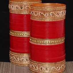 LUCKY JEWELLERY Red CZ Stone-Studded Punjabi Chura Bridal Wedding Bangle Set image 2