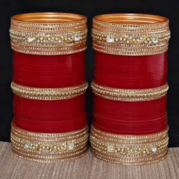 LUCKY JEWELLERY Maroon & Gold-Toned Kundan Studded Bridal Chura Bangle Set image 3