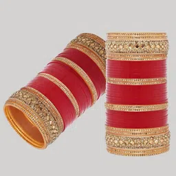 LUCKY JEWELLERY Gold-Toned & Maroon CZ & Pearl Studded Chura Bangle Set image 4