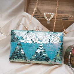 ARTKLIM Blue Embroidered Embellished Box Clutch-image-6