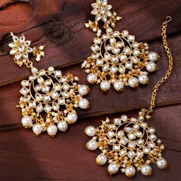 Peora Gold-Toned Kundan-Studded & Pearl Earrings with Maangtikka image 2