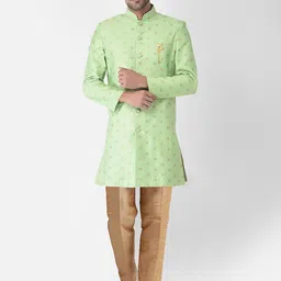 SG LEMAN Men Sea Green & Golden Woven-Design Sherwani Set-image-50