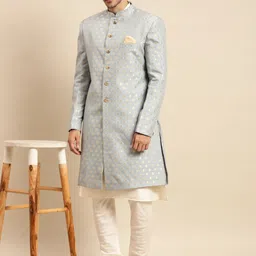KISAH Men Silver-Coloured & Off-White Printed Sherwani Set-picture-21