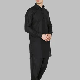 ROYAL KURTA Men Black Solid Linen Pathani Kurta with Salwar image 3