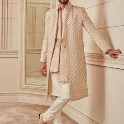 Tasva Men Off White Zardozi Dori Embroidered Silk Sherwani Set-picture-22