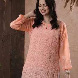 ADA Peach-Coloured & White Ethnic Motifs Embroidered Chikankari Handloom Kurti image 1