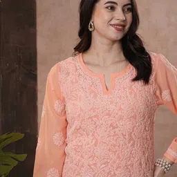 ADA Peach-Coloured & White Ethnic Motifs Embroidered Chikankari Handloom Kurti image 2