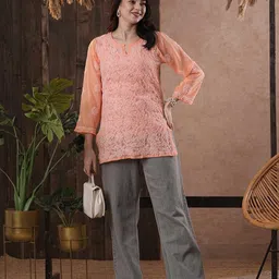 ADA Peach-Coloured & White Ethnic Motifs Embroidered Chikankari Handloom Kurti image 5