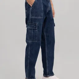 Snitch Men Blue Wide Leg Stretchable Cotton Cargo Jeans-picture-39
