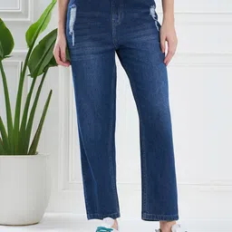 KASSUALLY Women Navy Blue Mom Fit Low Distress Light Fade Pure Cotton Jeans-picture-15