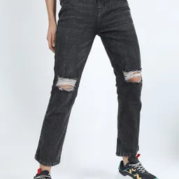 Tokyo Talkies Women Black Straight Fit Slash Knee Cropped Jeans-image-7