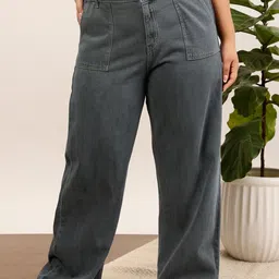 CURVY STREET Women Plus Size Grey Mid-Rise Clean Look Pure Cotton Wide Leg Jeans-picture-34