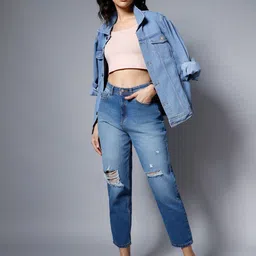 High Star Women Blue High-Rise Mildly Distressed Light Fade Jeans-picture-36