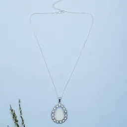 Golden Peacock Silver-Toned Opalite & Stone-Studded Teardrop Shaped Pendant with Chain-picture-20