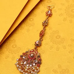 ANIKAS CREATION Gold-Plated Red & Beige Kundan & Pearl Hand-Painted Ganthan Enamelled Maang Tikka image 1