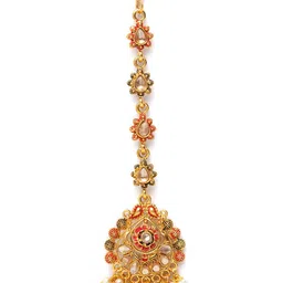 ANIKAS CREATION Gold-Plated Red & Beige Kundan & Pearl Hand-Painted Ganthan Enamelled Maang Tikka image 2
