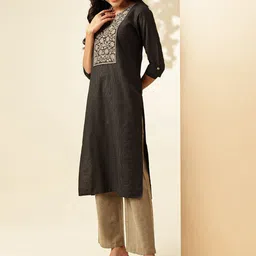 Anouk Black Floral Embroidered Thread Work Pure Cotton Straight Kurta With Palazzo image 2