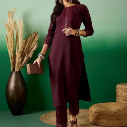 Sangria Maroon Sequence Yoke Design Round Neck Kurta With Trousers image 2