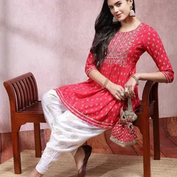 Stylum Pink Ethnic Motifs Printed & Embroidered Empire Anarkali Kurti With Dhoti Pant image 2