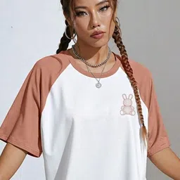 juneberry Oversized Women Printed Round Neck Pure Cotton White T-Shirt image 3